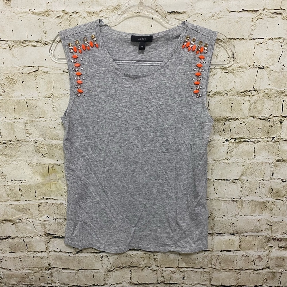J Crew Gray Orange Jewel Embellished Cotton Tank Top
